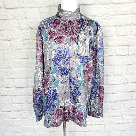 Vintage Blouse Polyester Gray Purple Floral Neck Tie Detail Fits a L/XL - Picture 1 of 12